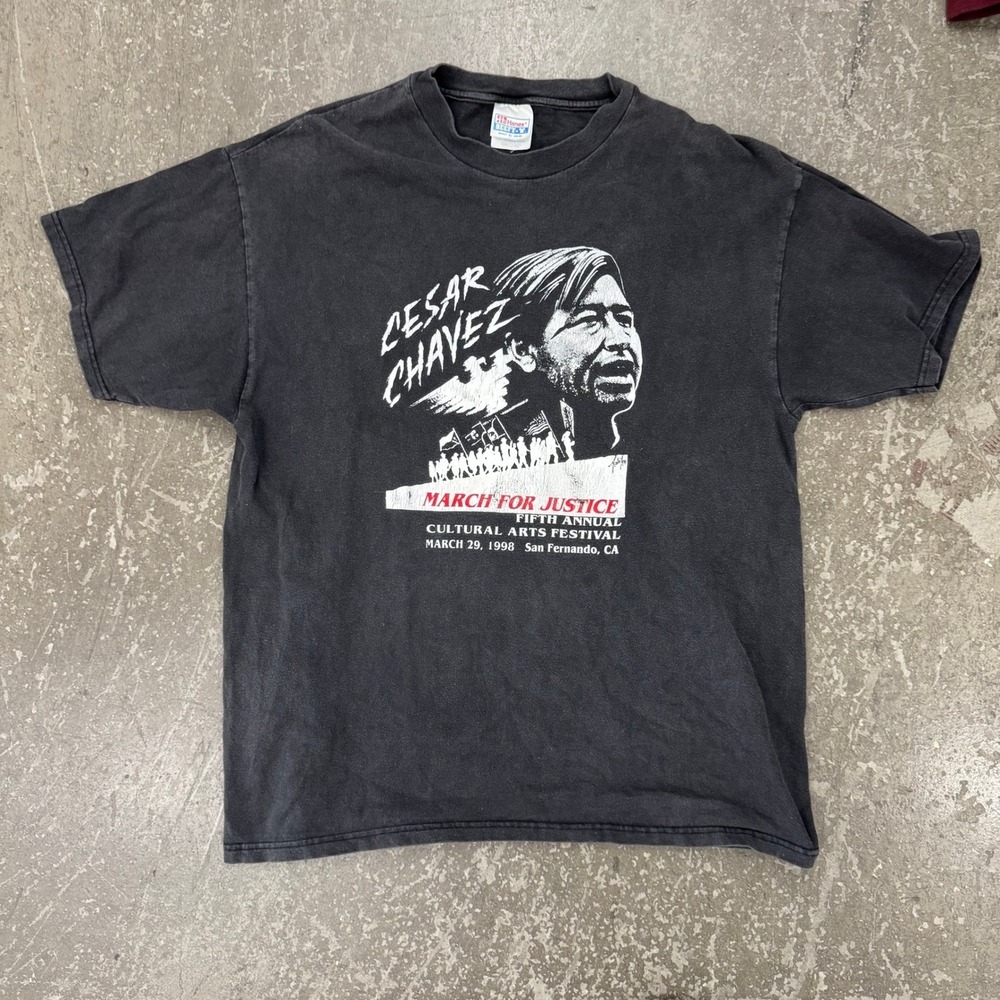 Hanes Cesar Chavez T Shirt Mens XL Black Good 1998 March For Justice Vintage
